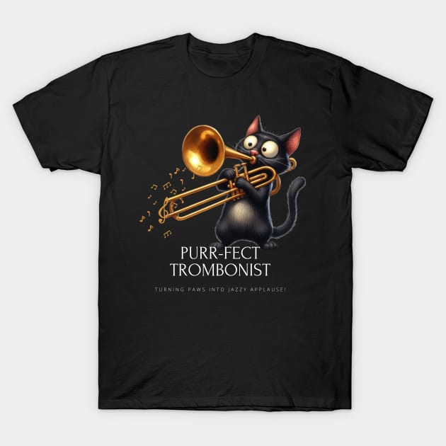 Funny Cat Playing Trombone Brass Musician T-Shirt by Positive Designer